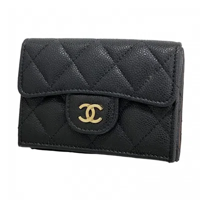 Pre-owned Chanel Grained Calfskin Wallet (tri-fold) () In Black