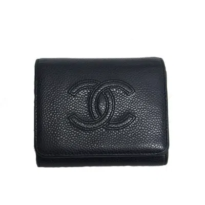 Pre-owned Chanel Grained Calfskin Wallet (tri-fold) () In Black