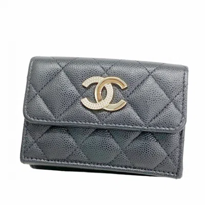 Pre-owned Chanel Grained Calfskin Wallet (tri-fold) () In Black