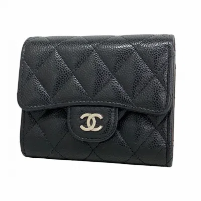 Pre-owned Chanel Grained Calfskin Wallet (tri-fold) () In Black