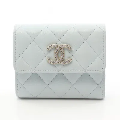 Pre-owned Chanel Grained Calfskin Wallet (tri-fold) () In Blue