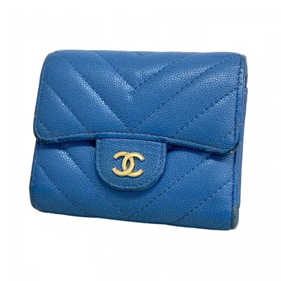 Pre-owned Chanel Grained Calfskin Wallet (tri-fold) () In Blue