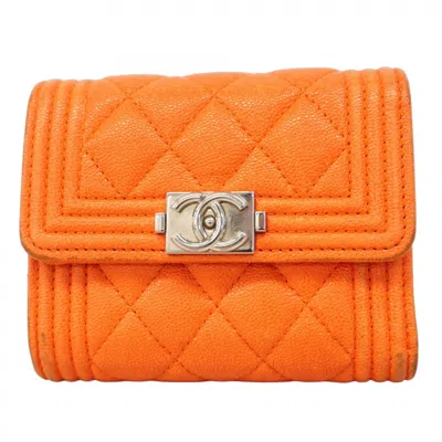 Pre-owned Chanel Grained Calfskin Wallet (tri-fold) () In Orange