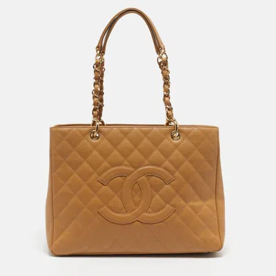 Pre-owned Chanel Grand Shopper Tan Quilted Caviar Leather Tote In Brown