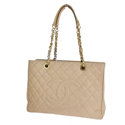 Pre-owned Chanel Grand Shopping Leather Shoulder Bag () In Beige