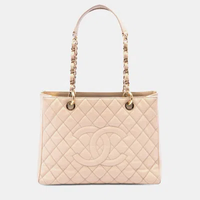 Pre-owned Chanel Grand Shopping Tote Beige Caviar Leather Shoulder Bag In Brown