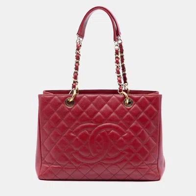 Pre-owned Chanel Grand Shopping Tote Red Quilted Caviar Leather Gold Hardware Shoulder Bag