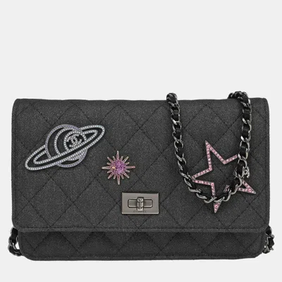 Pre-owned Chanel Gray Canvas Rhinestone Mademoiselle Lock Wallet On Chain Woc