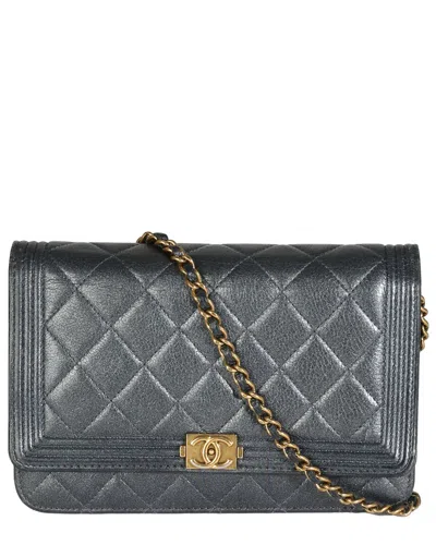Pre-owned Chanel Gray Quilted Leather Boy Wallet On Chain (authentic Pre-loved)