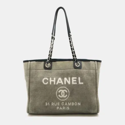 Pre-owned Chanel Gray/black Canvas Deauville Line Medium Chain Tote Bag
