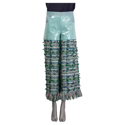 Pre-owned Chanel Green & Blue 2018 Fringed Patent & Tweed Wide Leg Pants 36 Xs