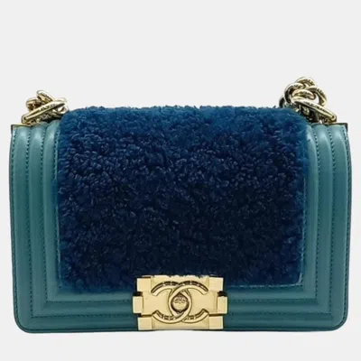 Pre-owned Chanel Green And Blue Leather And Shearling Boy Bag Mini