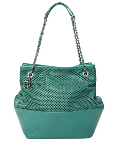 Pre-owned Chanel Green Calfskin Leather Perforated Up In The Air North South Tote  (authentic Pre-loved)