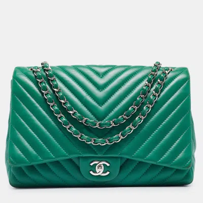 Pre-owned Chanel Green Chevron Leather Maxi Classic Single Flap Bag