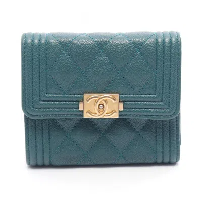 Pre-owned Chanel Green Grained Calfskin Wallet (tri-fold) ()
