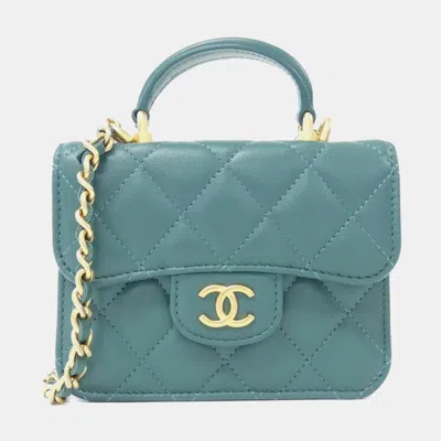 Pre-owned Chanel Green Lambskin Leather Top Handle Clutch Bag