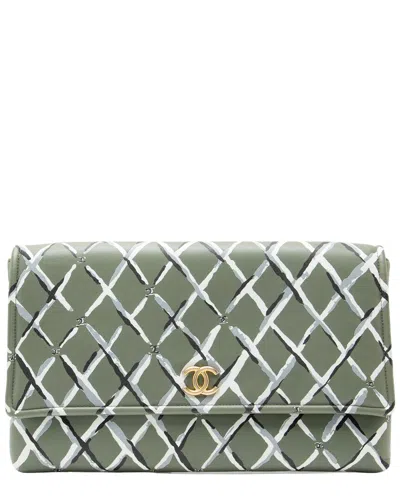 Pre-owned Chanel Green Lambskin Paris-greece Clutch (authentic Pre-loved)