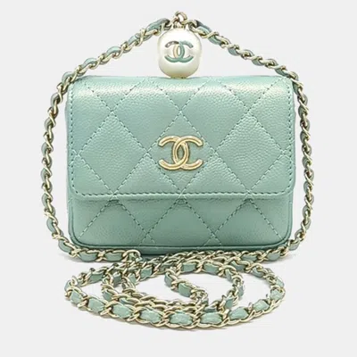 Pre-owned Chanel Green Leather Pearl Ball Chain Card Holder