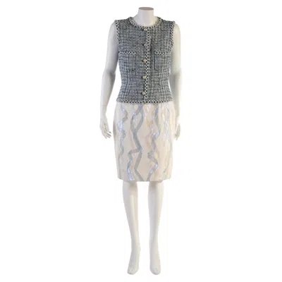 Pre-owned Chanel Green Lesage And Ivory Leather Dress Fr 40 Spring 2012 12p In White