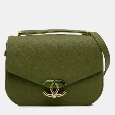 Pre-owned Chanel Green Medium Quilted Caviar Thread Around Flap