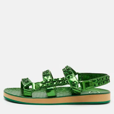 Pre-owned Chanel Green Metallic Leather Cc Chain Link Flat Sandals Size 39