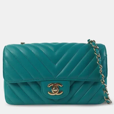 Pre-owned Chanel Green Mini Rectangular Chevron Lambskin Single Flap