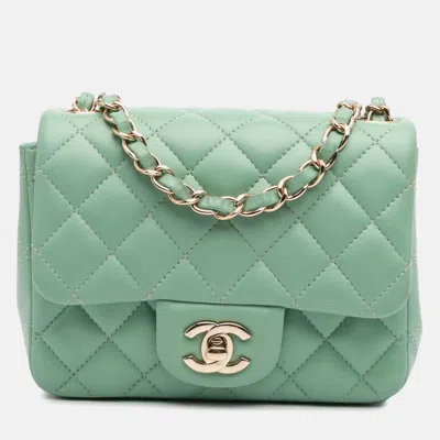 Pre-owned Chanel Green Mini Square Classic Lambskin Single Flap