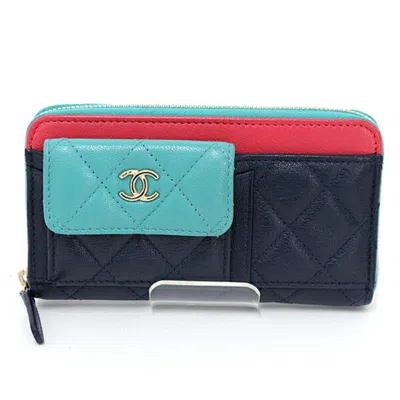 Pre-owned Chanel Green Navy Pink Leather Wallet (bi-fold) ()