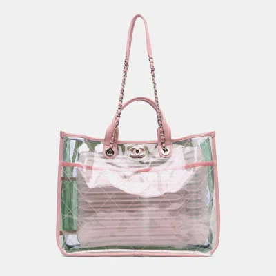 Pre-owned Chanel Green Pink Medium Tricolor Pvc And Lambskin Coco Splash Shopping Tote