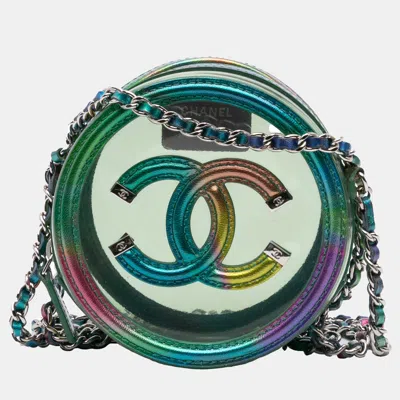 Pre-owned Chanel Green Pvc And Metallic Lambskin Cc Filigree Round Clutch With Chain