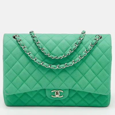 Pre-owned Chanel Green Quilted Caviar Leather Maxi Classic Double Flap Bag