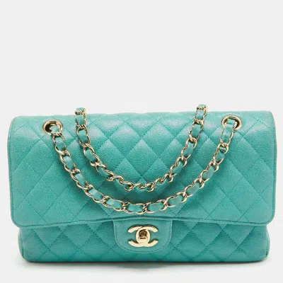 Pre-owned Chanel Green Quilted Caviar Leather Medium Classic Double Flap Bag