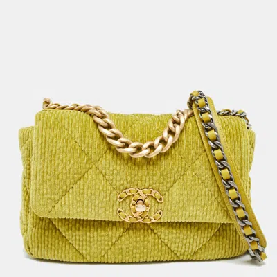 Pre-owned Chanel Green Quilted Corduroy Medium 19 Flap Bag