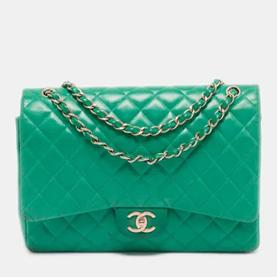 Pre-owned Chanel Green Quilted Lambskin Leather Maxi Classic Double Flap Bag