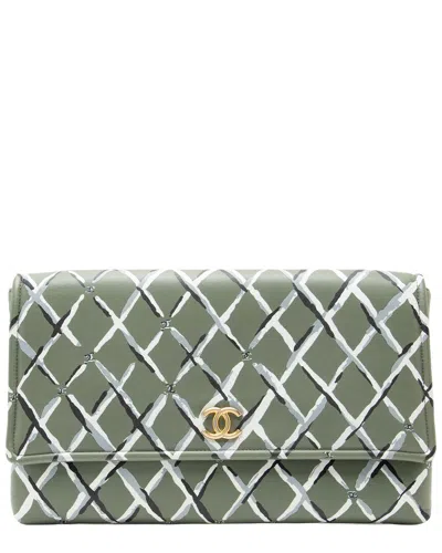 Pre-owned Chanel Green Quilted Lambskin Paris-greece Clutch (authentic Pre-loved)