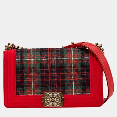 Pre-owned Chanel Green Red Medium Velvet And Tweed Boy Flap