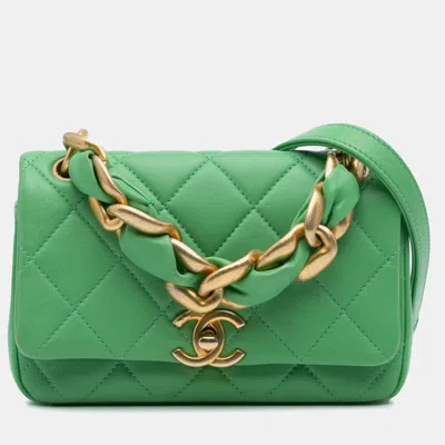 Pre-owned Chanel Green Small Quilted Lambskin Chain Is More Flap