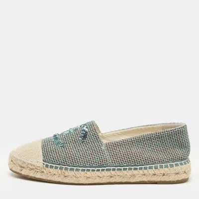 Pre-owned Chanel Green Tweed Sequins Cc Espadrille Flats Size 40