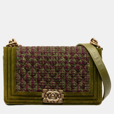 Pre-owned Chanel Green/pink Small Tweed And Velvet Boy Flap
