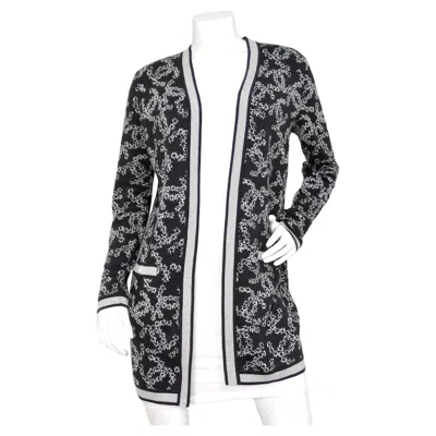 Pre-owned Chanel Grey & White Interlocking Cc Logo Knit Cardigan