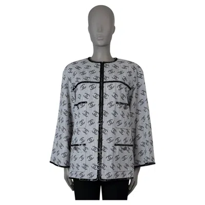 Pre-owned Chanel Grey Black Cotton 2022 22s All-over Logo Denim Jacket 42 L In Gray