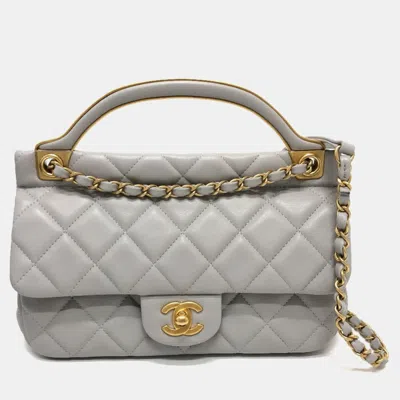 Pre-owned Chanel Grey Calfskin Quilted Small Lady Handle Clutch With Chain