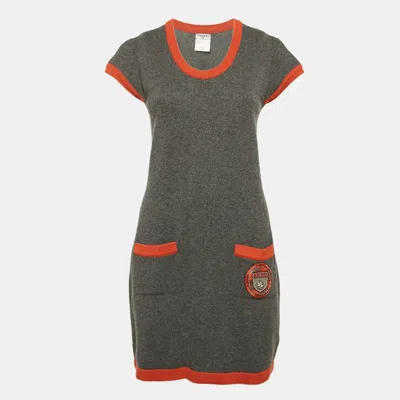 Pre-owned Chanel Grey Cashmere Knit Contrast Trimmed Mini Dress M