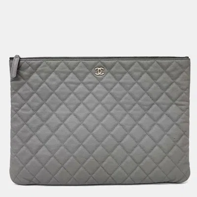 Pre-owned Chanel Grey Caviar Clutch Large In Gray