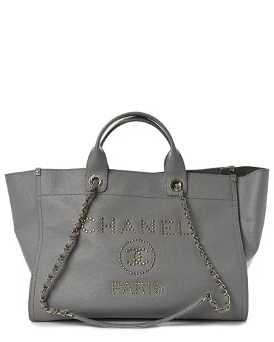 Pre-owned Chanel Grey Caviar Leather Studded Medium Deauville Tote (authentic Pre-loved)