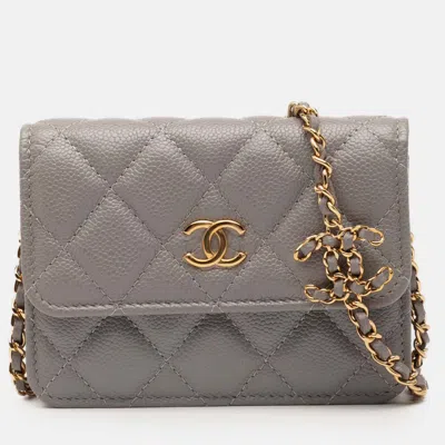 Pre-owned Chanel Grey Cc Quilted Caviar Miss Coco Clutch With Chain In Gray