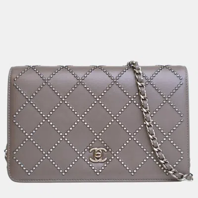 Pre-owned Chanel Grey Cc Studded Calfskin Crystal Wallet On Chain In Gray