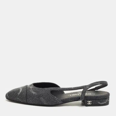 Pre-owned Chanel Grey Denim Cc Cap Toe Slingback Flats Size 37 In Gray