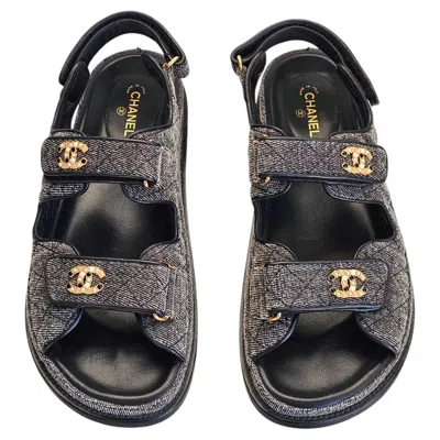 Pre-owned Chanel Grey Denim Dad Sandals Gold Pearl Cc Shoes Eu 39.5 Us 9.5 Box Set In Gray