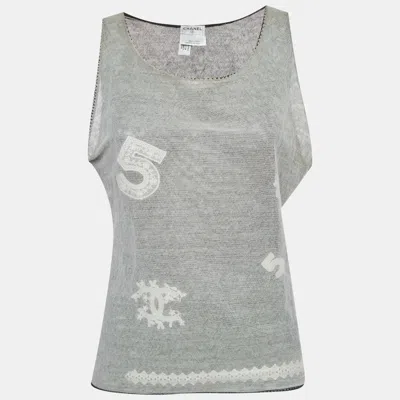 Pre-owned Chanel Grey Embroidered Tulle Tank Top L In Gray